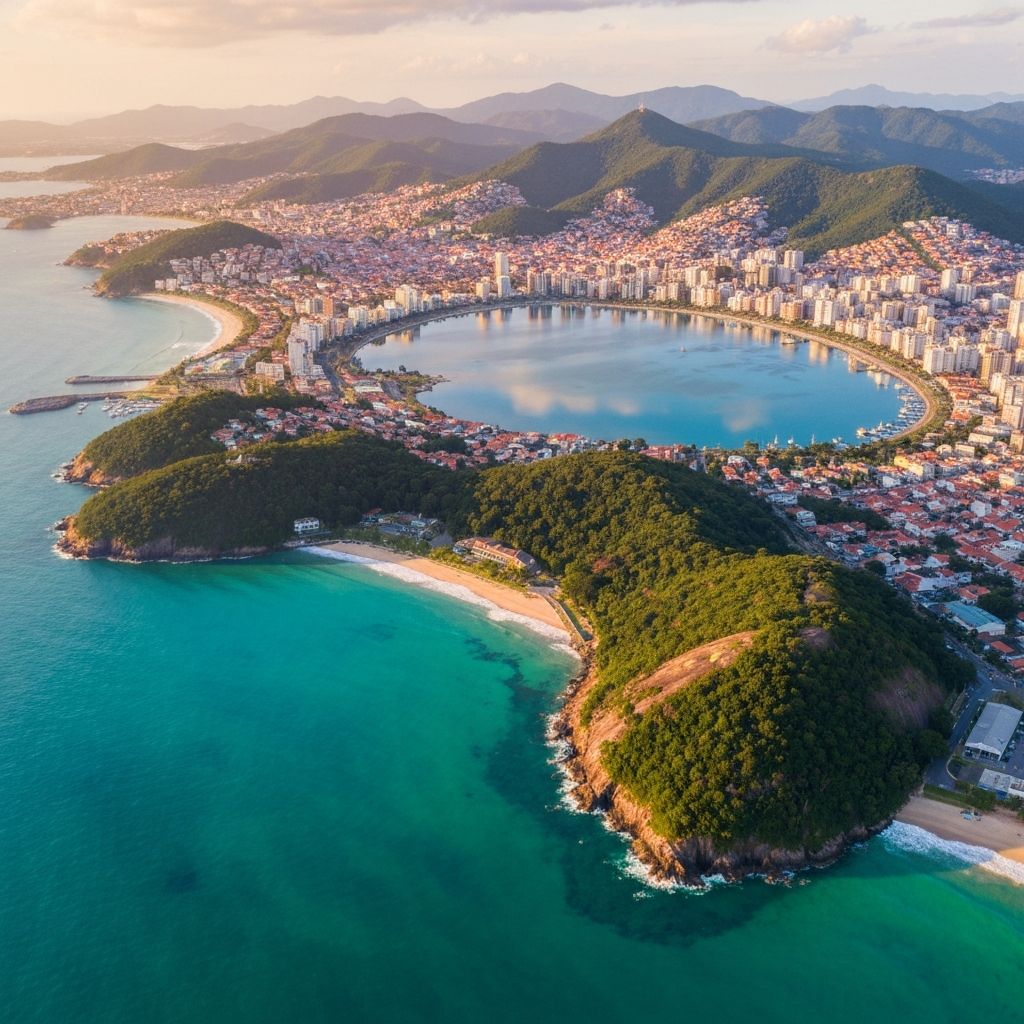 Vista panorâmica de Florianópolis com águas cristalinas e morros verdes